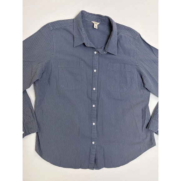 LL Bean XL Blue White Striped Cotton Button Down Shirt Pockets Textured Outdoor - Picture 2 of 7